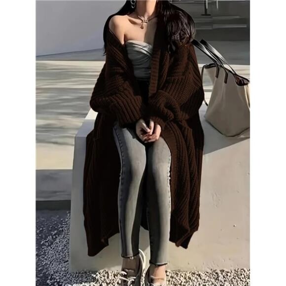 Womens Long Cardigan Sweaters Open Front Oversized Coffee - Picture 5 of 5